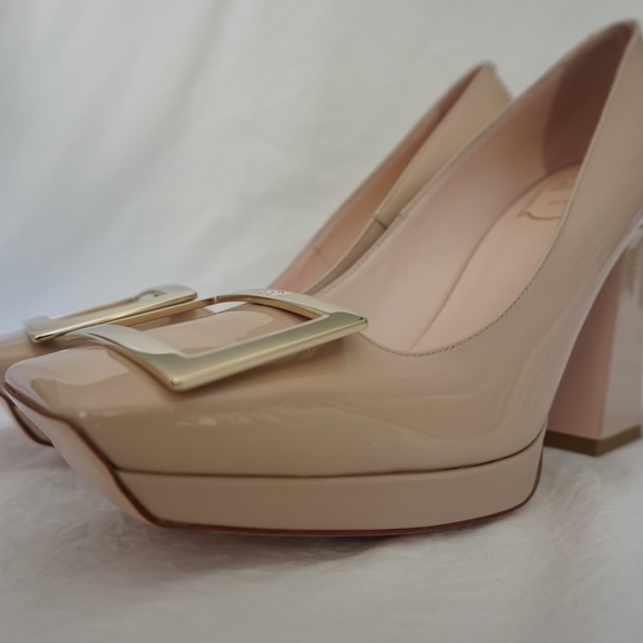 Roger Vivier Viv' Square Metal Buckle Platform Pumps in Patent Nude Leather - Picture 9 of 14